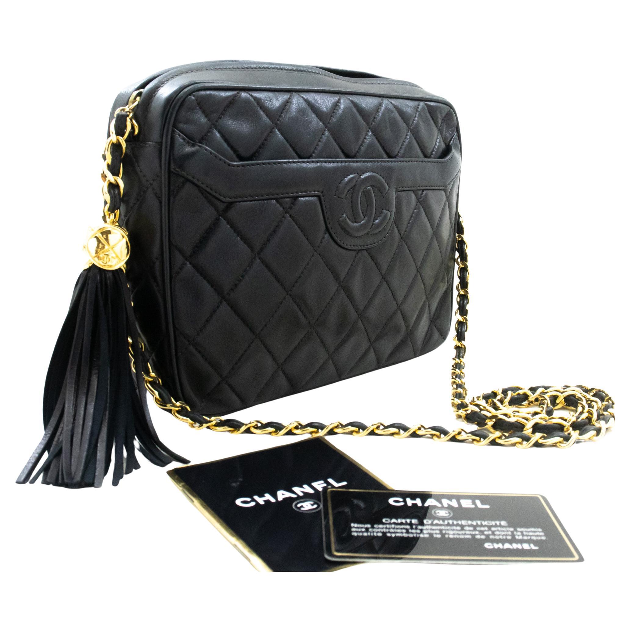 CHANEL Vintage Tassel Chain Shoulder Bag Black Quilted Zipper Lamb For Sale