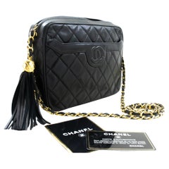 CHANEL Vintage Tassel Chain Shoulder Bag Black Quilted Zipper Lamb