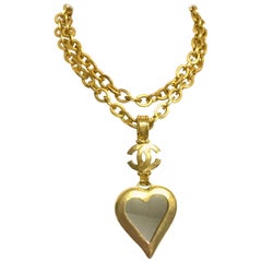 Chanel Vintage thick chain statement necklace with CC and large heart top, 1995