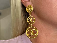 CHANEL Vintage Three Tier CC Logo Charm Long Dangle Drop Earrings