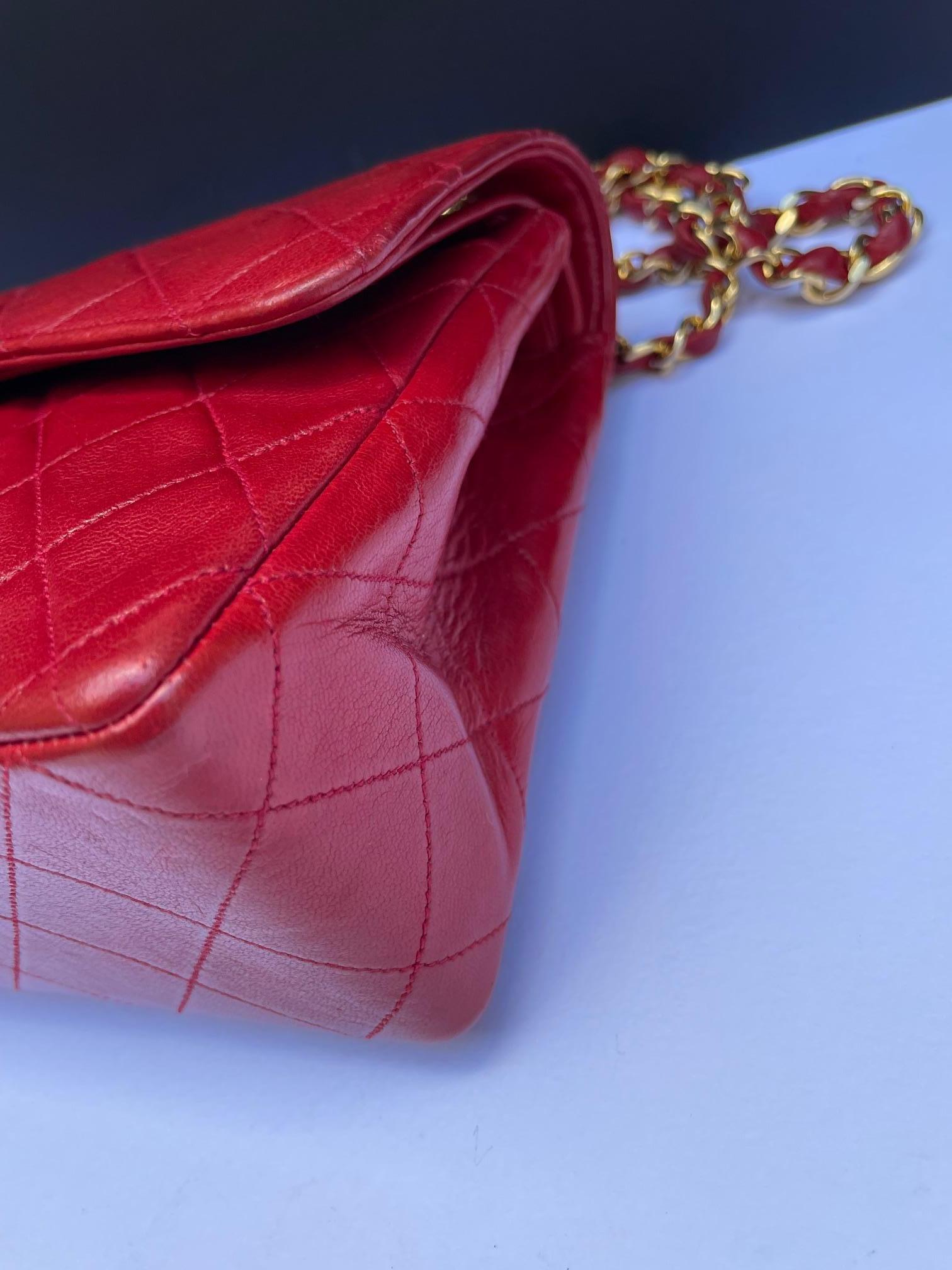 CHANEL Vintage Timeless Classic Red Quilted Double Flap Leather Bag 1985 11