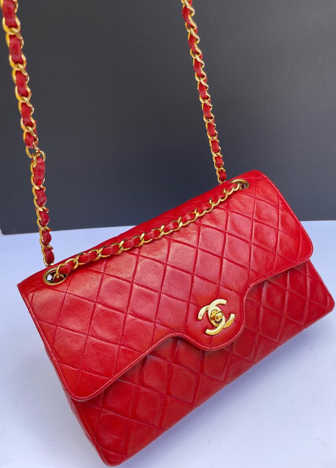 CHANEL Vintage Timeless Classic Red Quilted Double Flap Leather Bag 1985 1