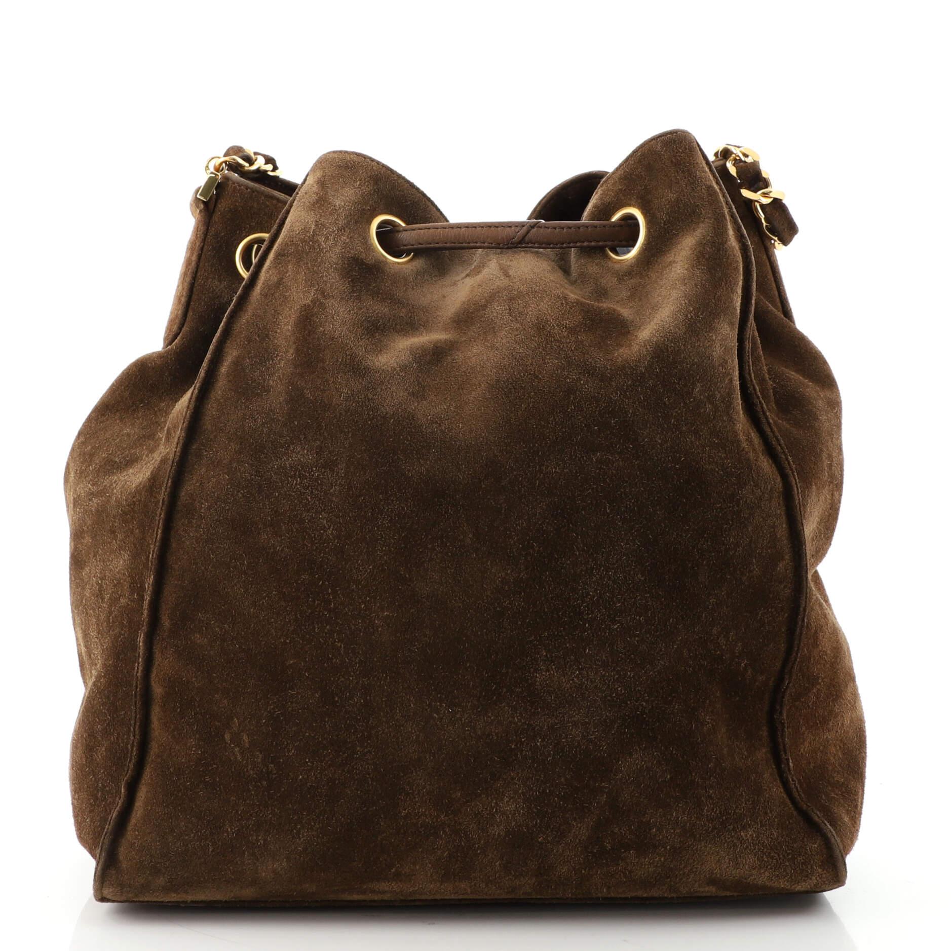 Brown Chanel Vintage Timeless Drawstring Bucket Bag Suede Medium