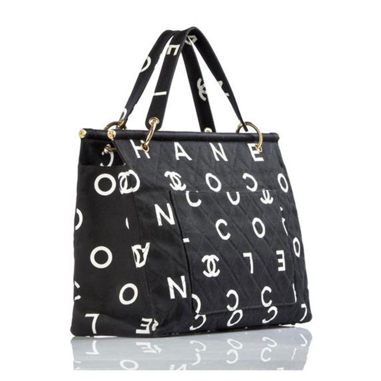 Chanel Classic Flap Rare Vintage and Letter Nameplate Black & White Canvas Tote