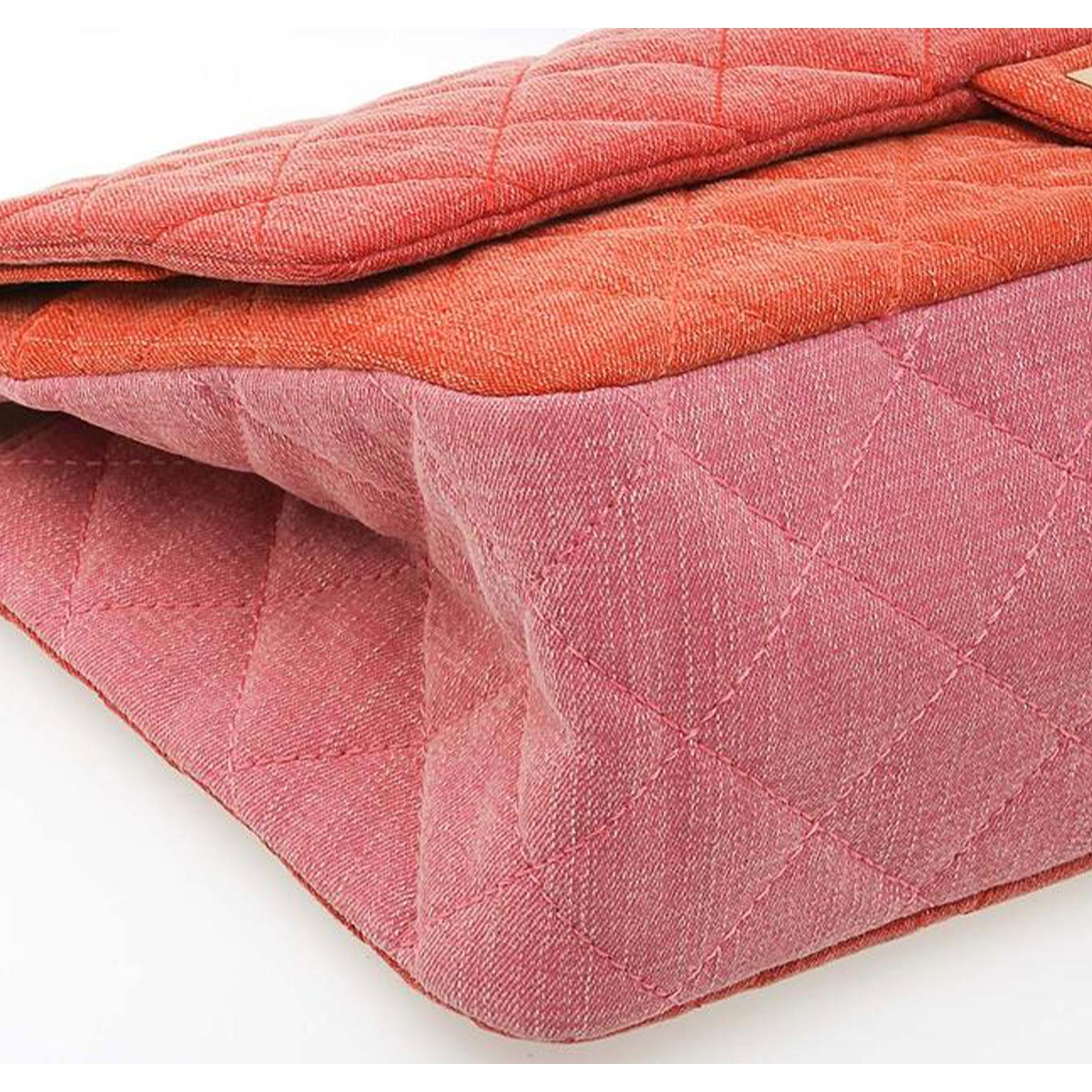 Chanel Vintage Timeless Orange Pink Quilted Denim Shoulder Bag For Sale 3