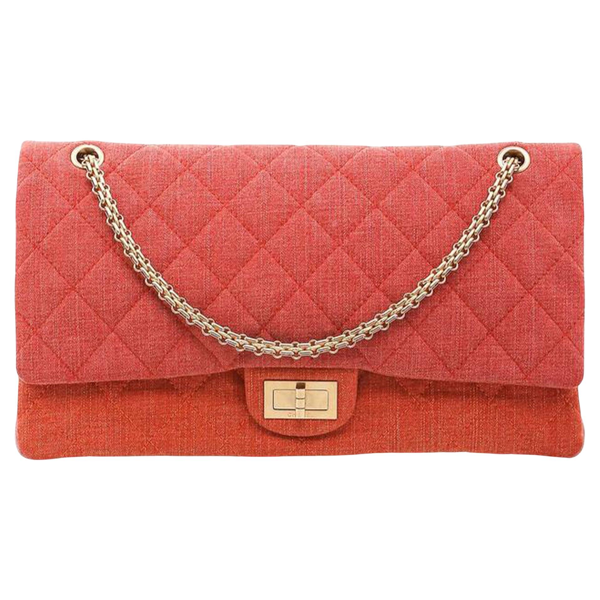 Chanel Vintage Timeless Orange Pink Quilted Denim Shoulder Bag