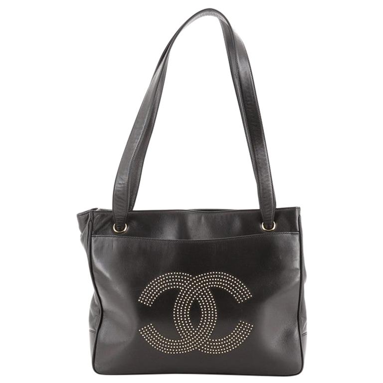 Vintage Chanel Black Lambskin Quilted Leather Tote Bag Gold CC Logo