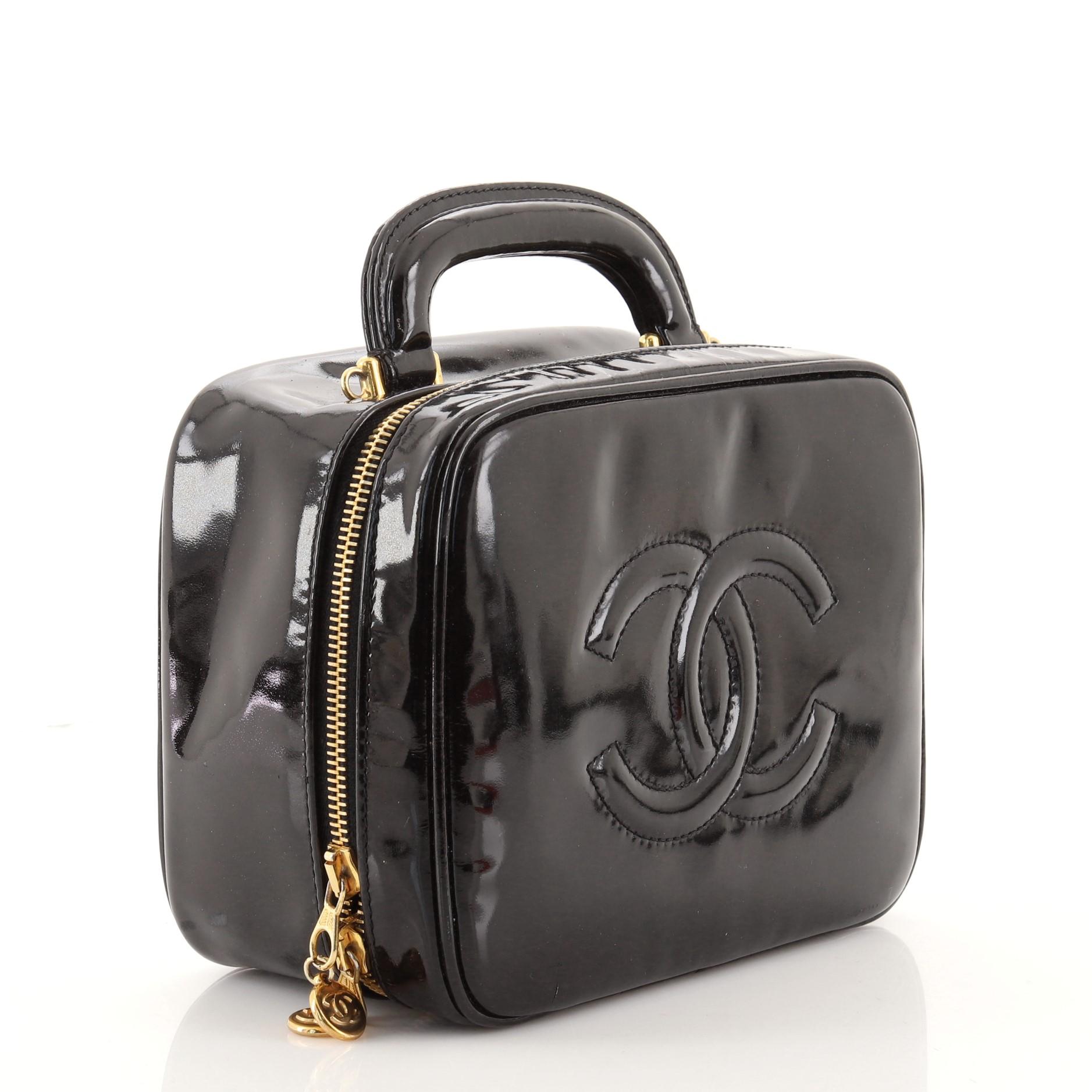 Black Chanel Vintage Timeless Zip Around Vanity Case Patent Mini