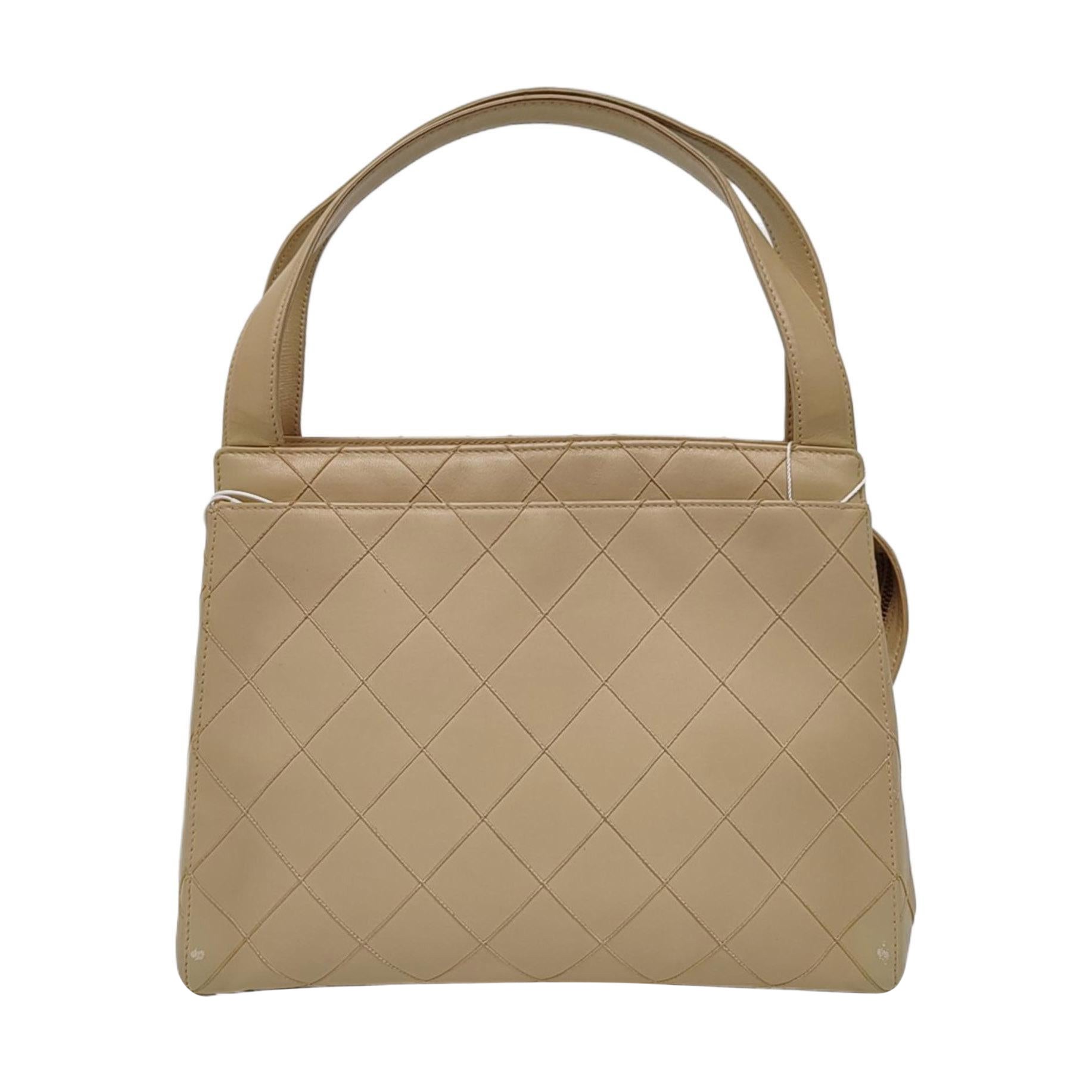Chanel Vintage Top Handle Beige Lambskin Leather Handbag