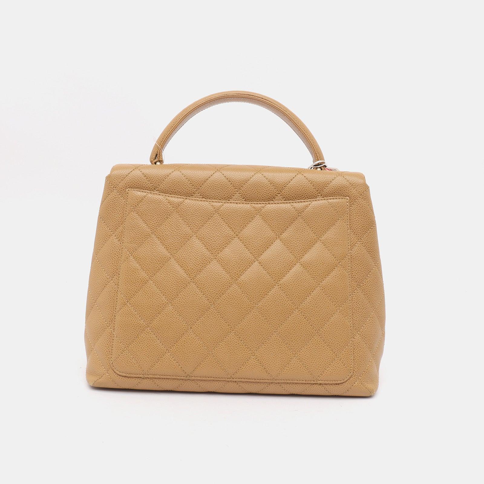 Brown Chanel Vintage Top Handle Kelly Beige Flap Bag Caviar Leather 24k Gold Plated HW For Sale