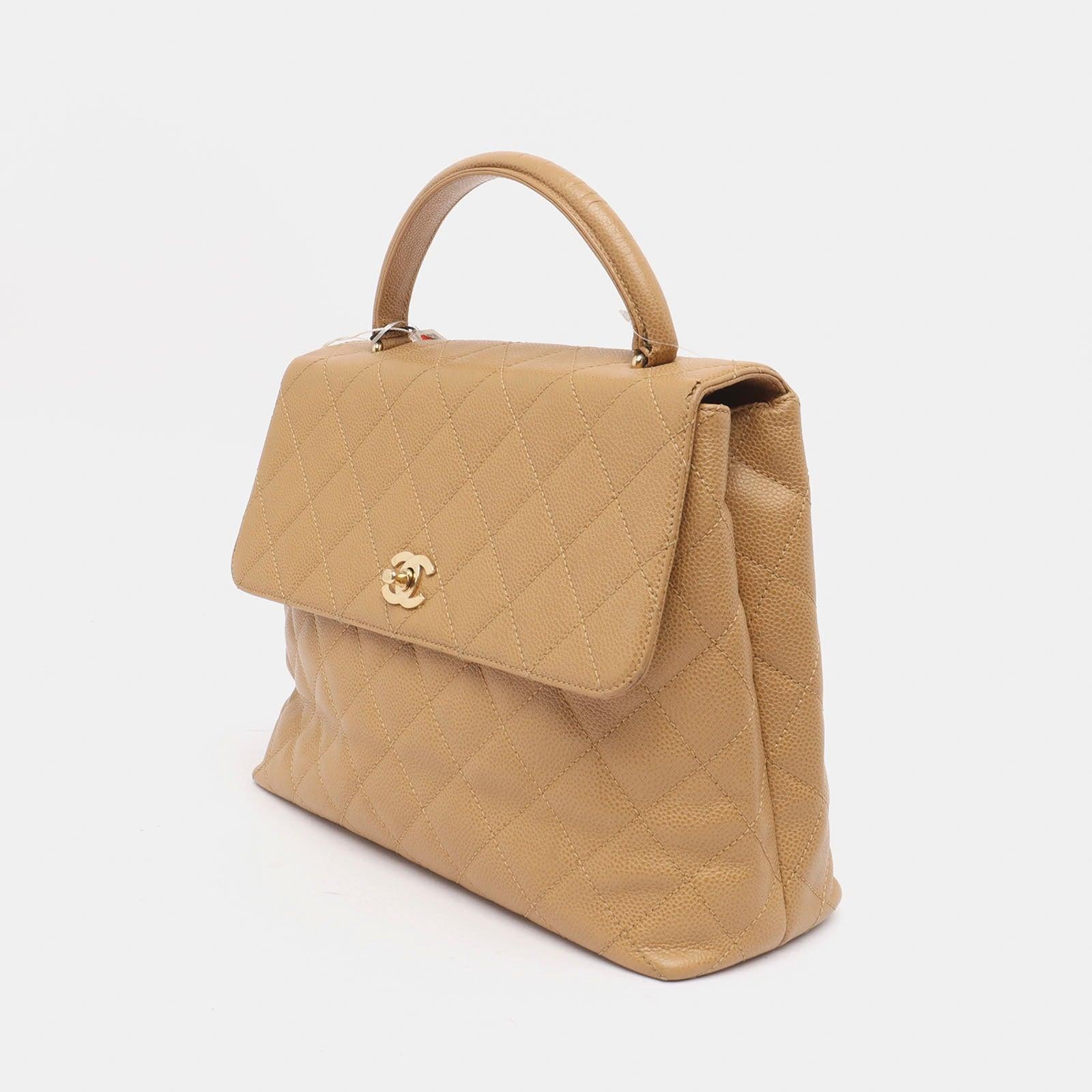Chanel Vintage Top Handle Kelly Beige Flap Bag Caviar Leather 24k Gold Plated HW In Good Condition For Sale In AUBERVILLIERS, FR