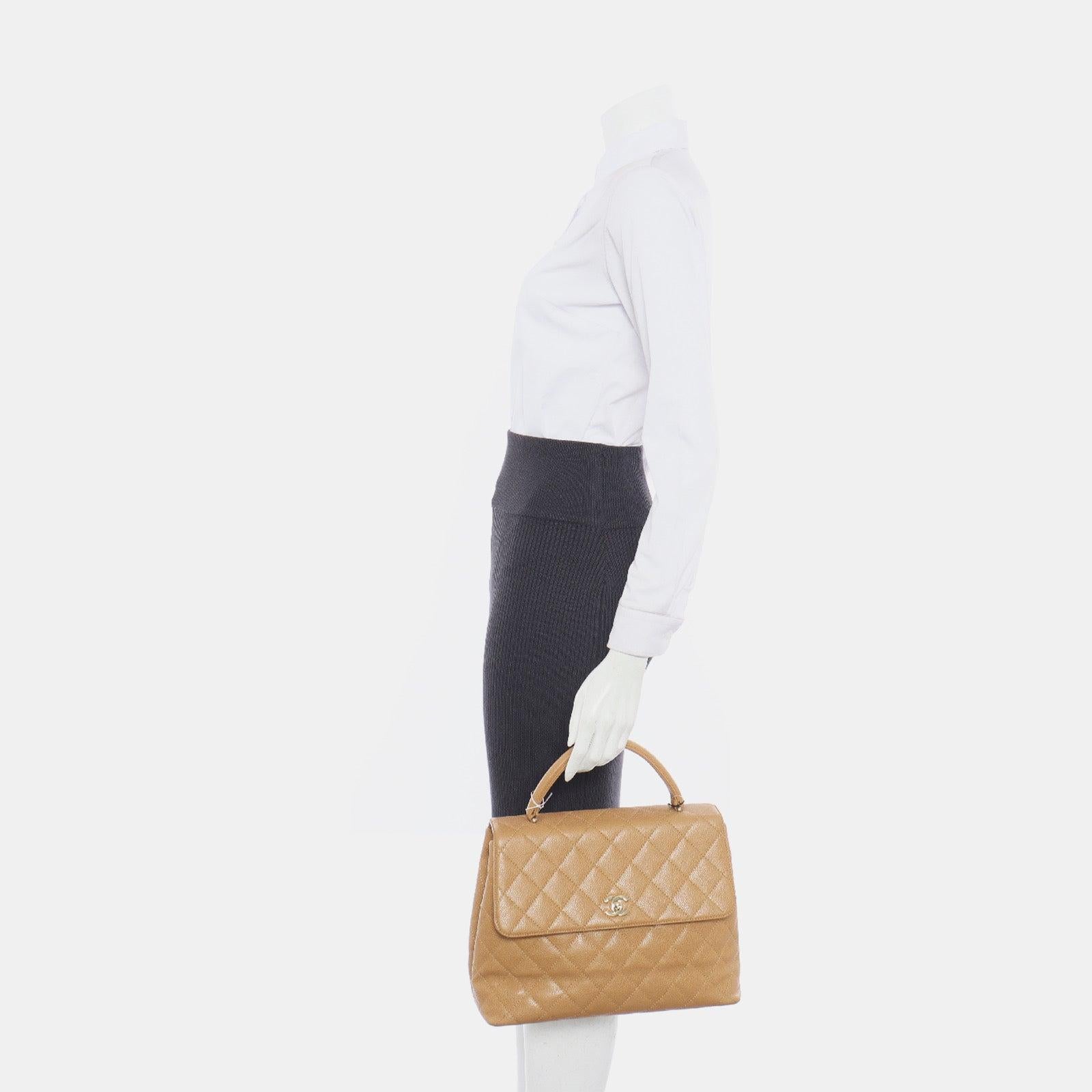 Women's Chanel Vintage Top Handle Kelly Beige Flap Bag Caviar Leather 24k Gold Plated HW For Sale