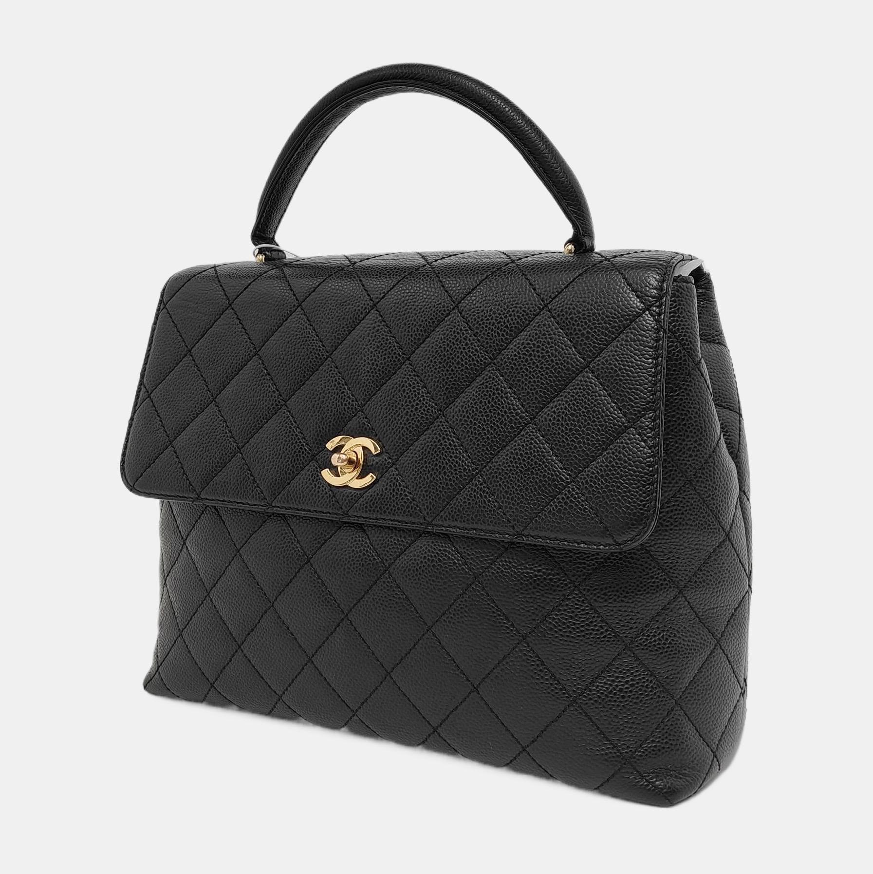 Chanel Vintage Top Handle Kelly Black Caviar Leather 24k Gold Plated Hardware For Sale 1