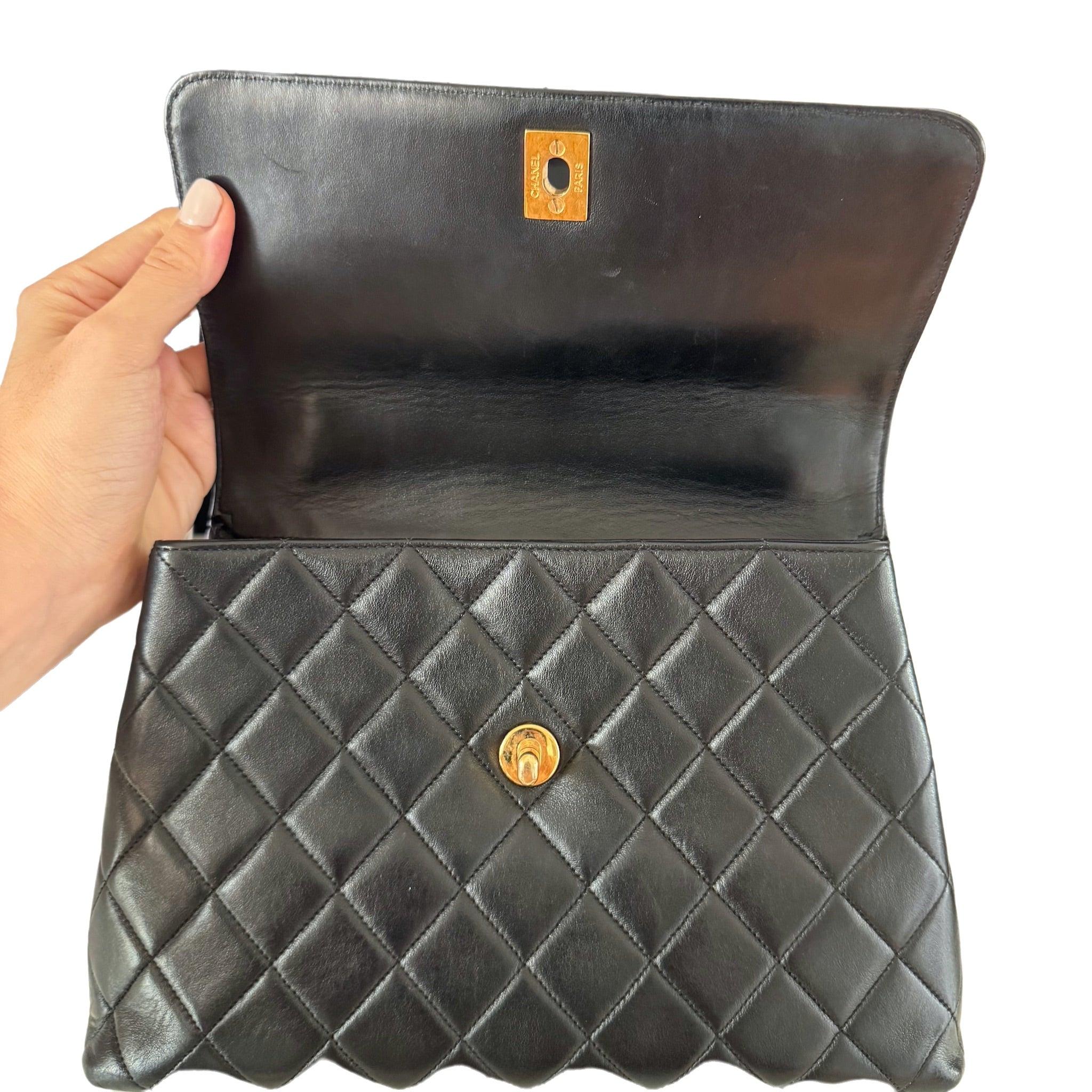 Chanel Vintage Top Handle Kelly Black Flap Bag lambskin leather 24k Gold HW For Sale 6