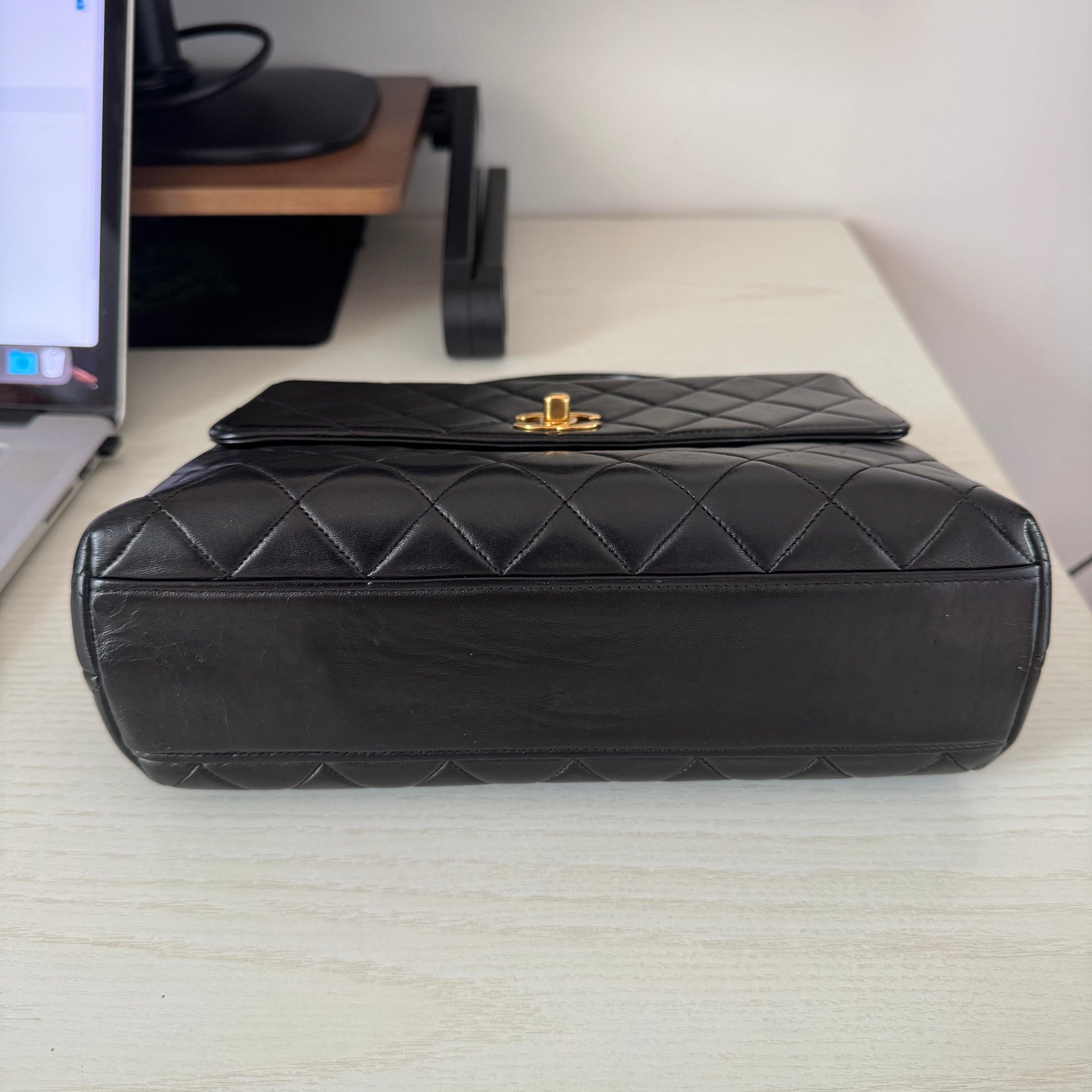 Chanel Vintage Top Handle Kelly Black Flap Bag lambskin leather 24k Gold HW For Sale 10