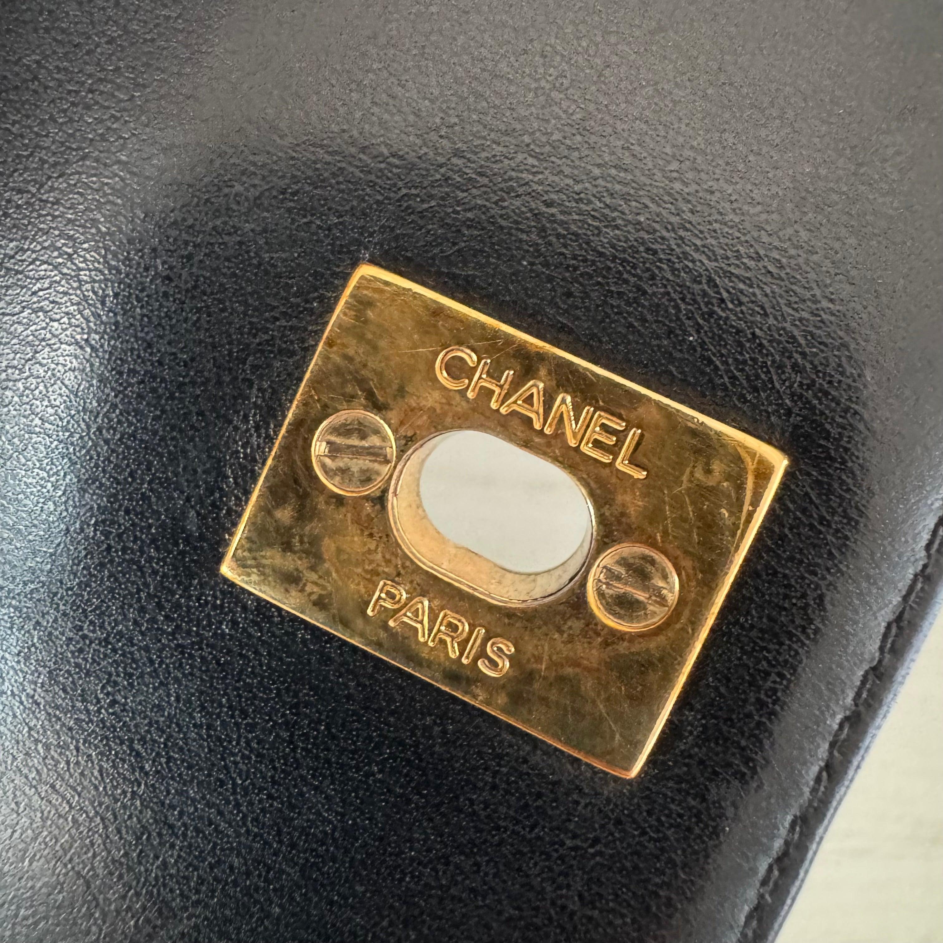 Chanel Vintage Top Handle Kelly Black Flap Bag lambskin leather 24k Gold HW For Sale 14
