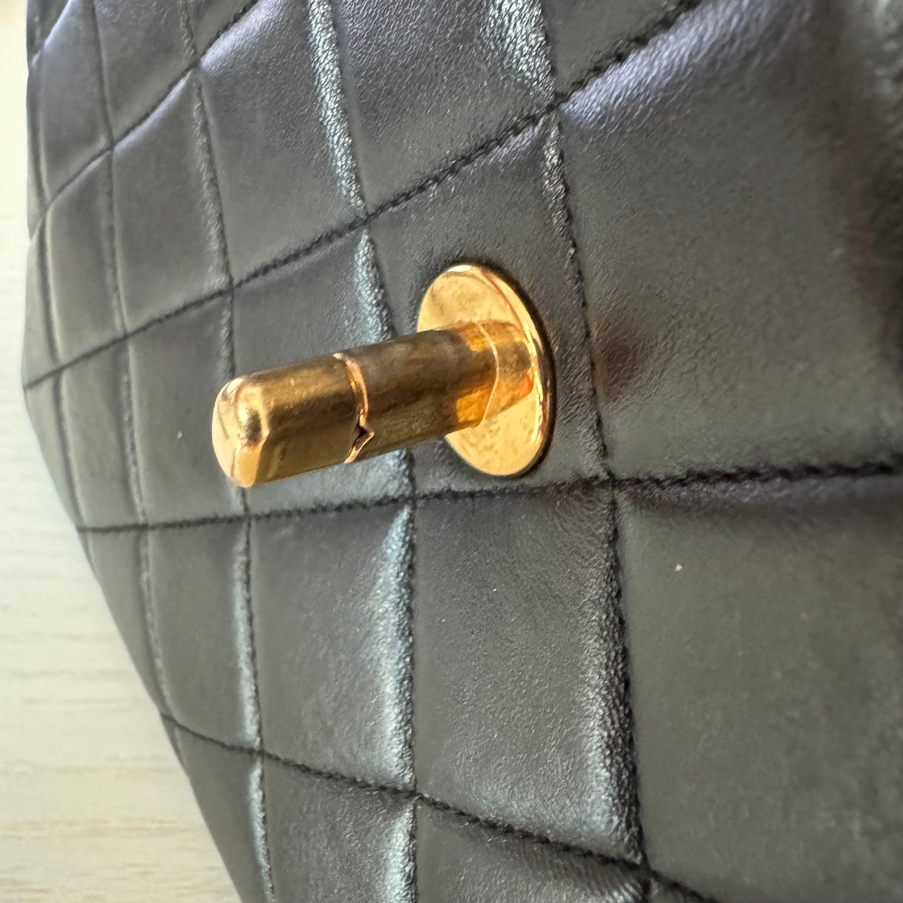 Chanel Vintage Top Handle Kelly Black Flap Bag lambskin leather 24k Gold HW For Sale 15