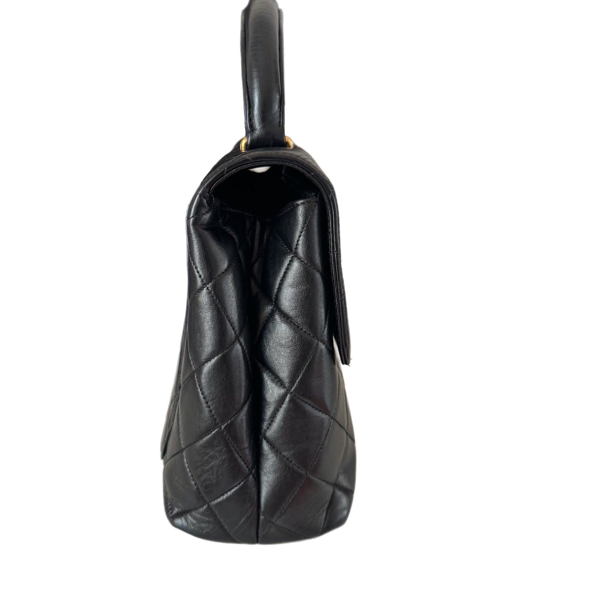 Women's Chanel Vintage Top Handle Kelly Black Flap Bag lambskin leather 24k Gold HW For Sale
