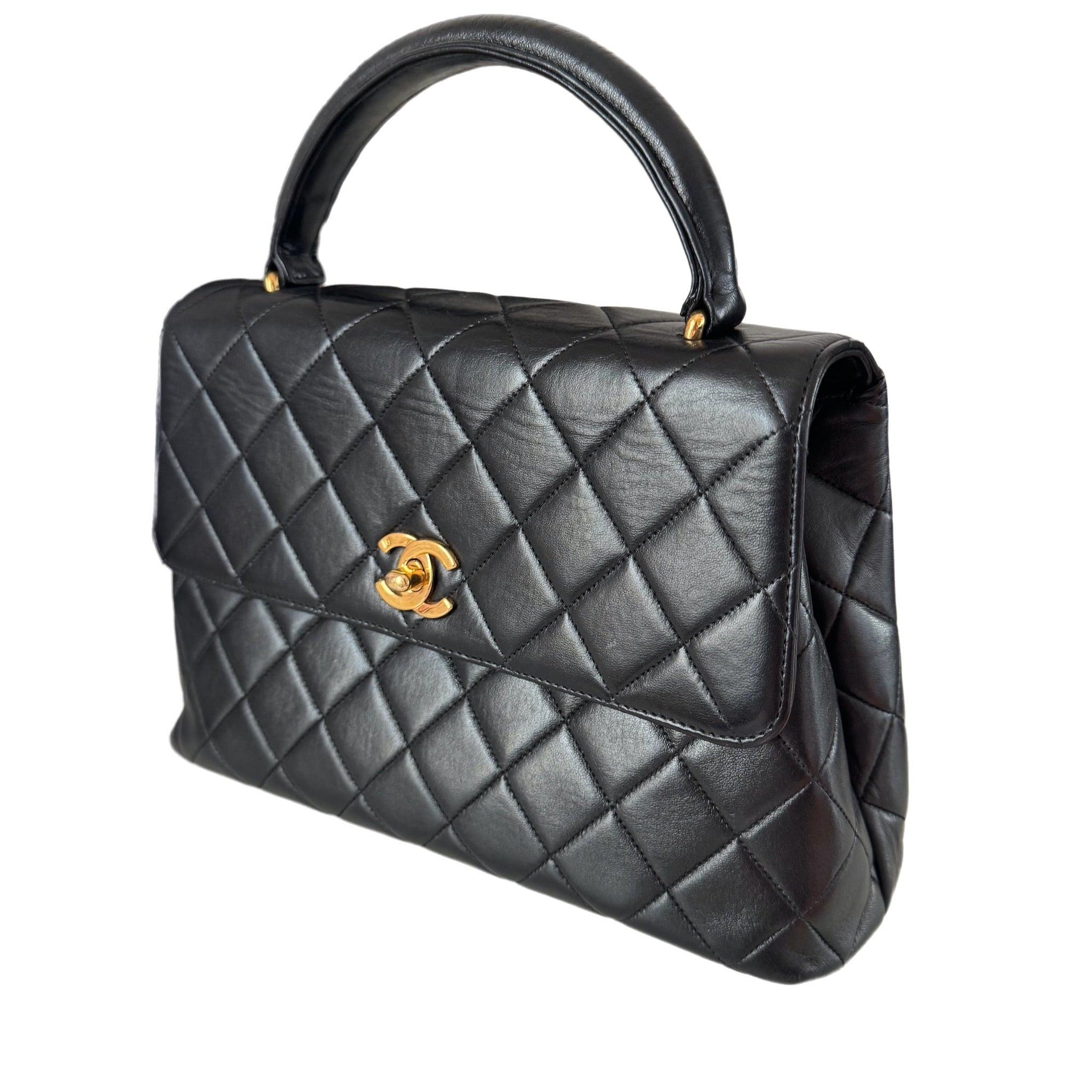Chanel Vintage Top Handle Kelly Black Flap Bag lambskin leather 24k Gold HW For Sale 1