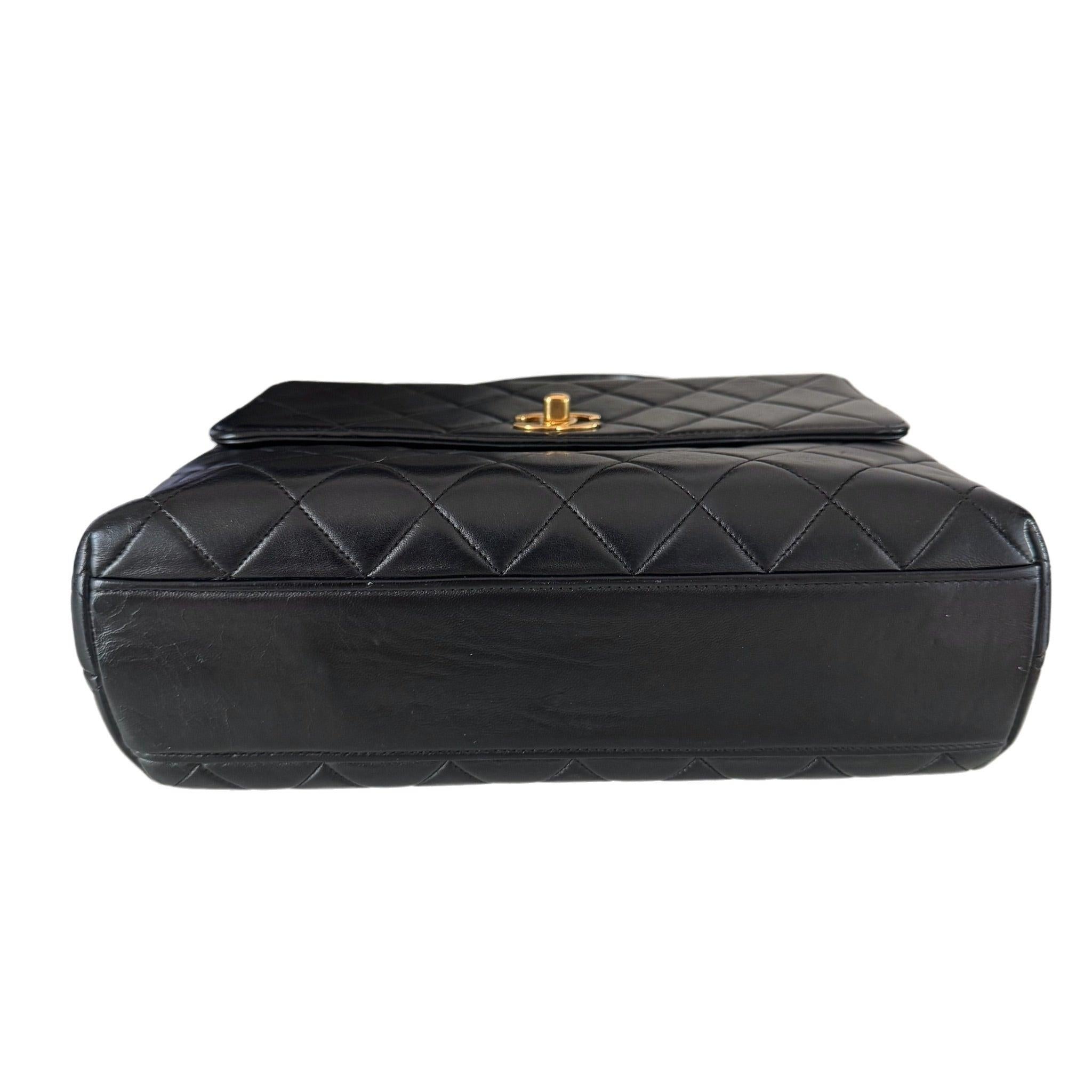 Chanel Vintage Top Handle Kelly Black Flap Bag lambskin leather 24k Gold HW For Sale 2