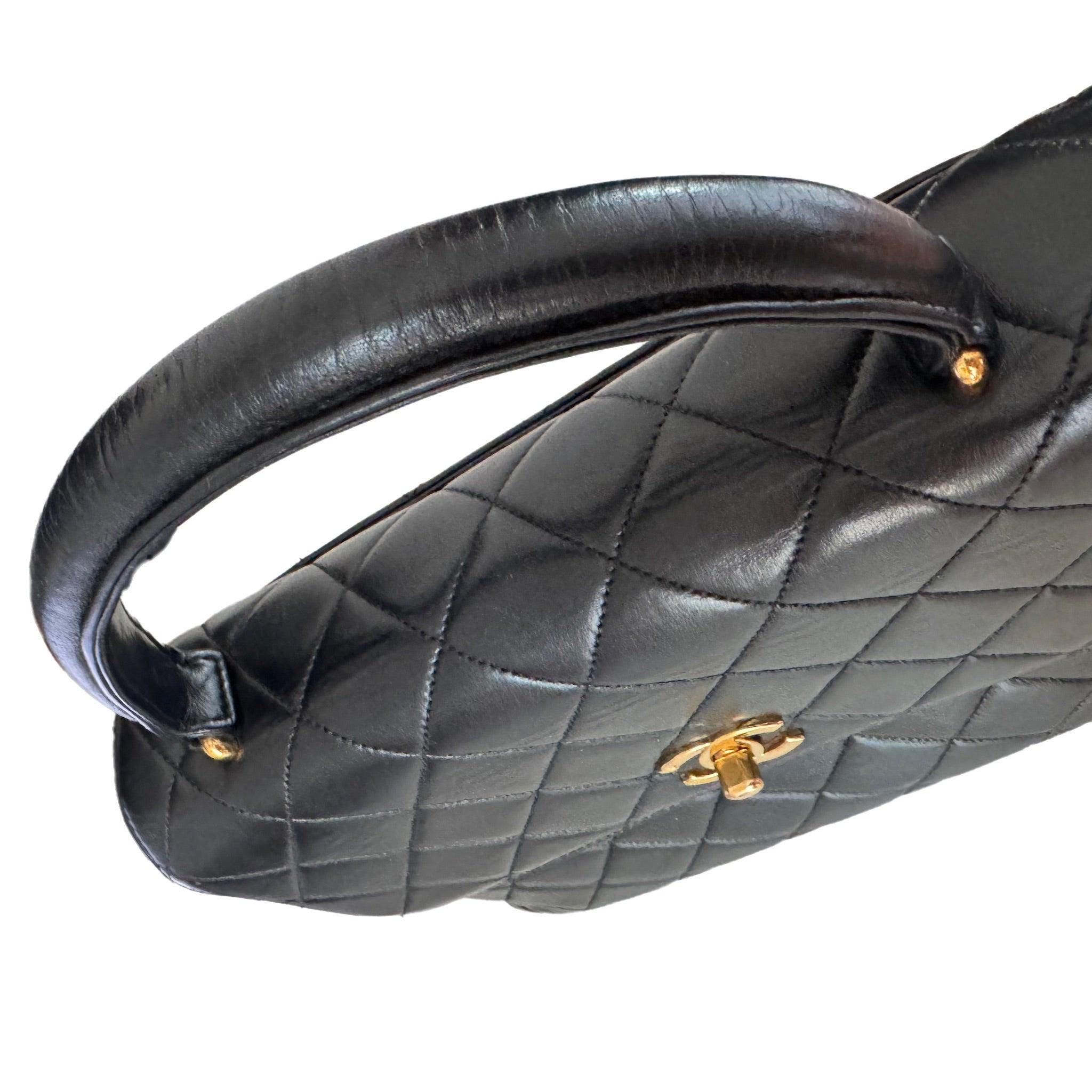 Chanel Vintage Top Handle Kelly Black Flap Bag lambskin leather 24k Gold HW For Sale 3
