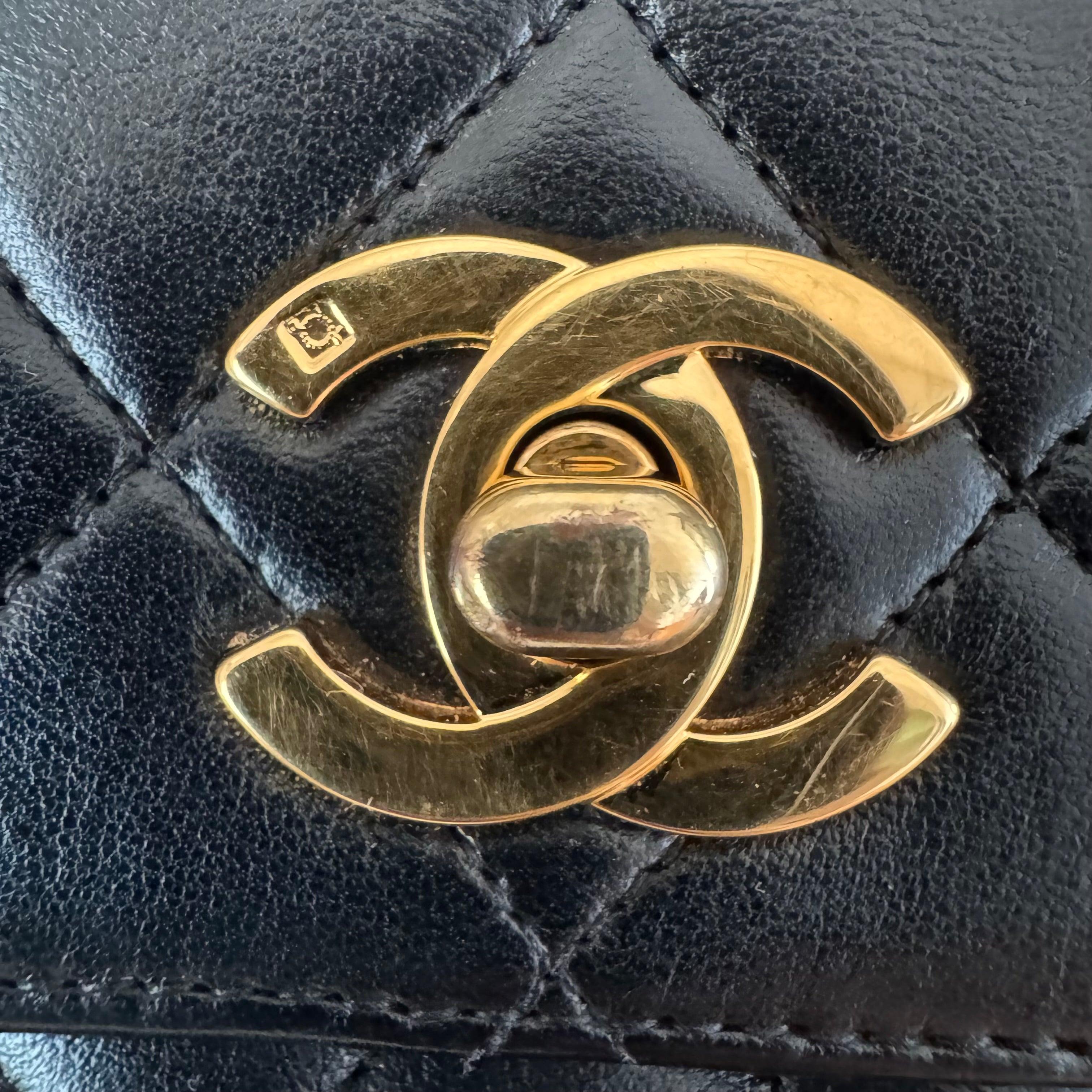 Chanel Vintage Top Handle Kelly Black Flap Bag lambskin leather 24k Gold HW For Sale 4