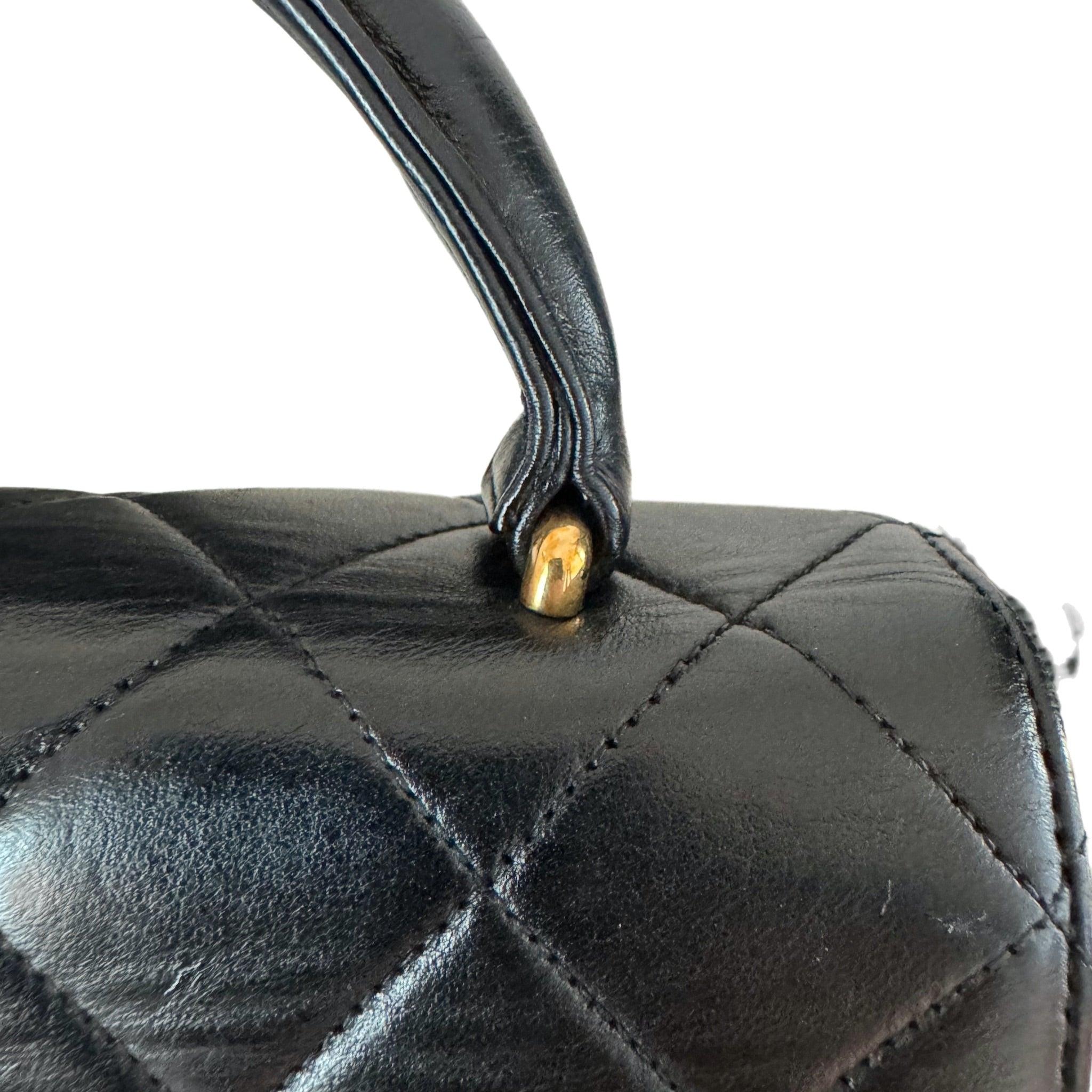 Chanel Vintage Top Handle Kelly Black Flap Bag lambskin leather 24k Gold HW For Sale 5