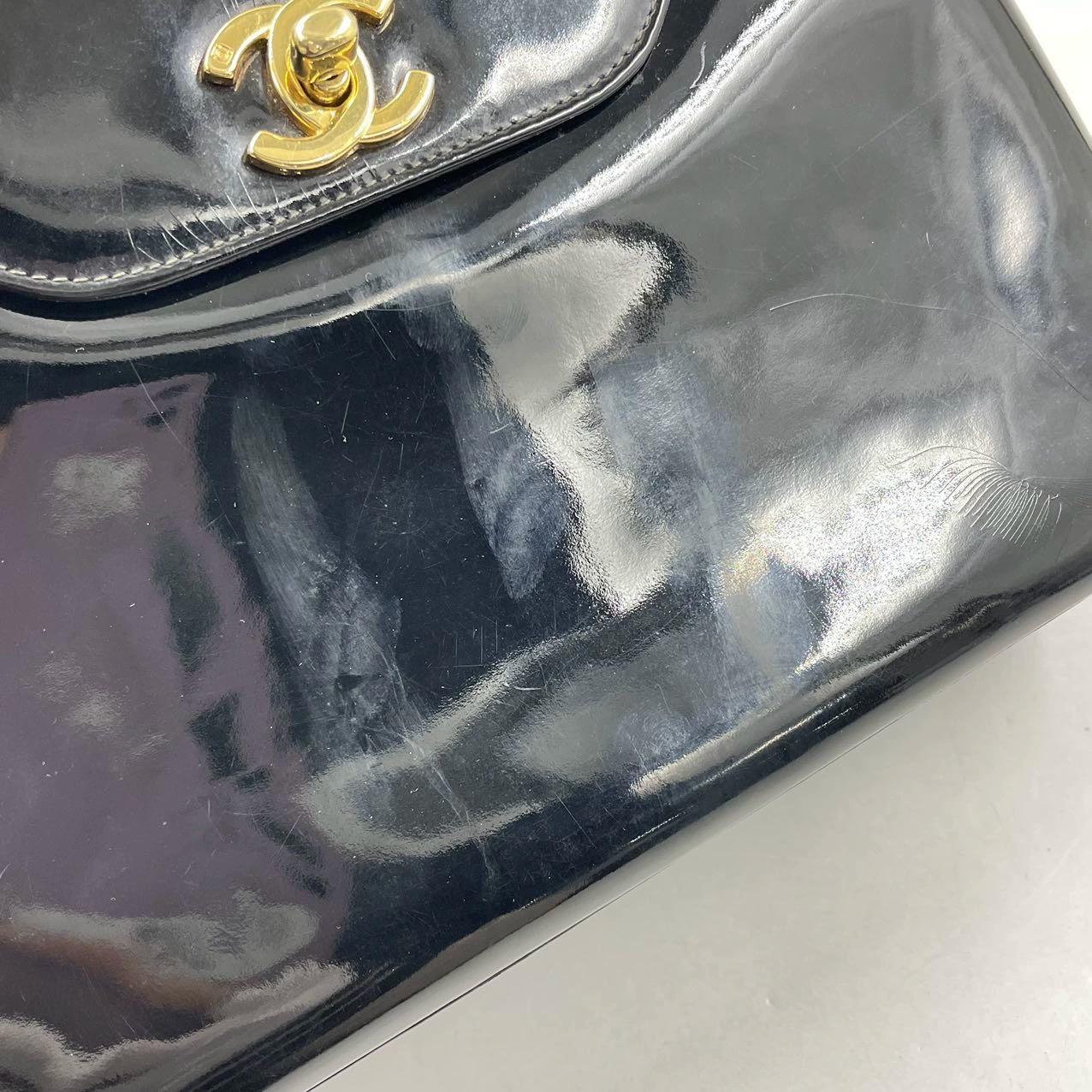 Chanel Vintage Top Handle Kelly Flap Bag Black Patent Leather 24k Gold HW For Sale 7