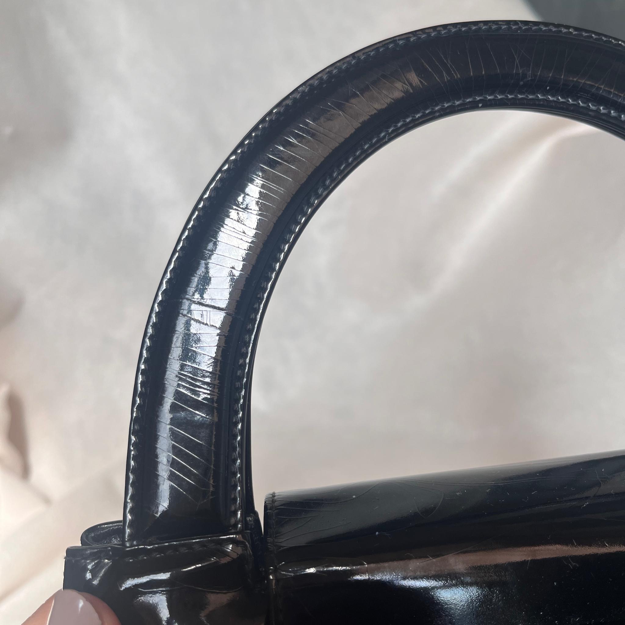 Chanel Vintage Top Handle Kelly Flap Bag Black Patent Leather 24k Gold HW For Sale 14