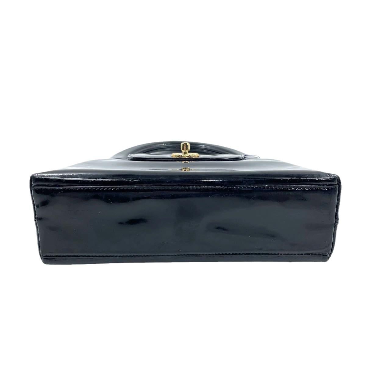 Chanel Vintage Top Handle Kelly Flap Bag Black Patent Leather 24k Gold HW For Sale 2
