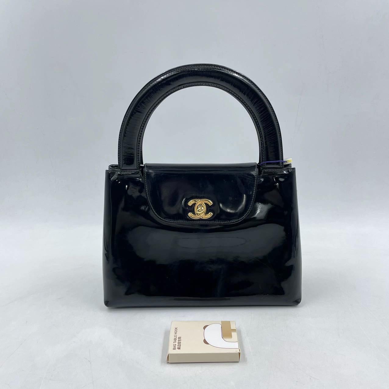 Chanel Vintage Top Handle Kelly Flap Bag Black Patent Leather 24k Gold HW For Sale 3
