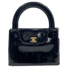Chanel Vintage Top Handle Kelly Flap Bag Black Patent Leather 24k Gold HW