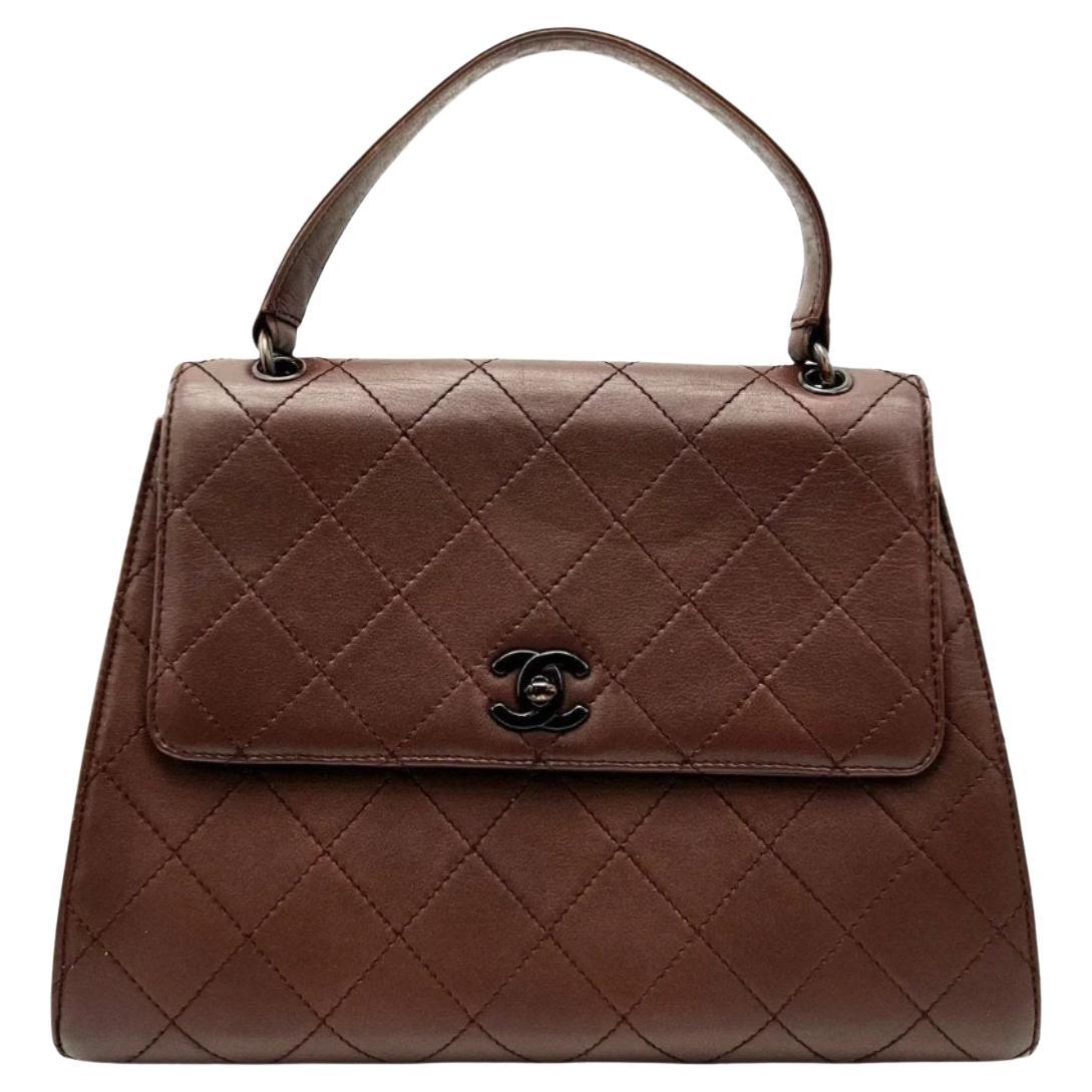 Chanel Vintage Top Handle Kelly Flap Bag Brown Cannage Lambskin Leather, 1997-99 For Sale