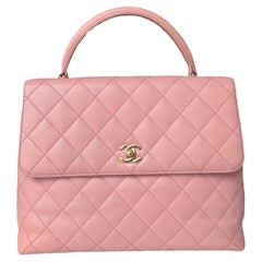 Chanel Vintage Top Handle Kelly Flap Bag Pink Quilted Caviar Leather 24k Gold HW