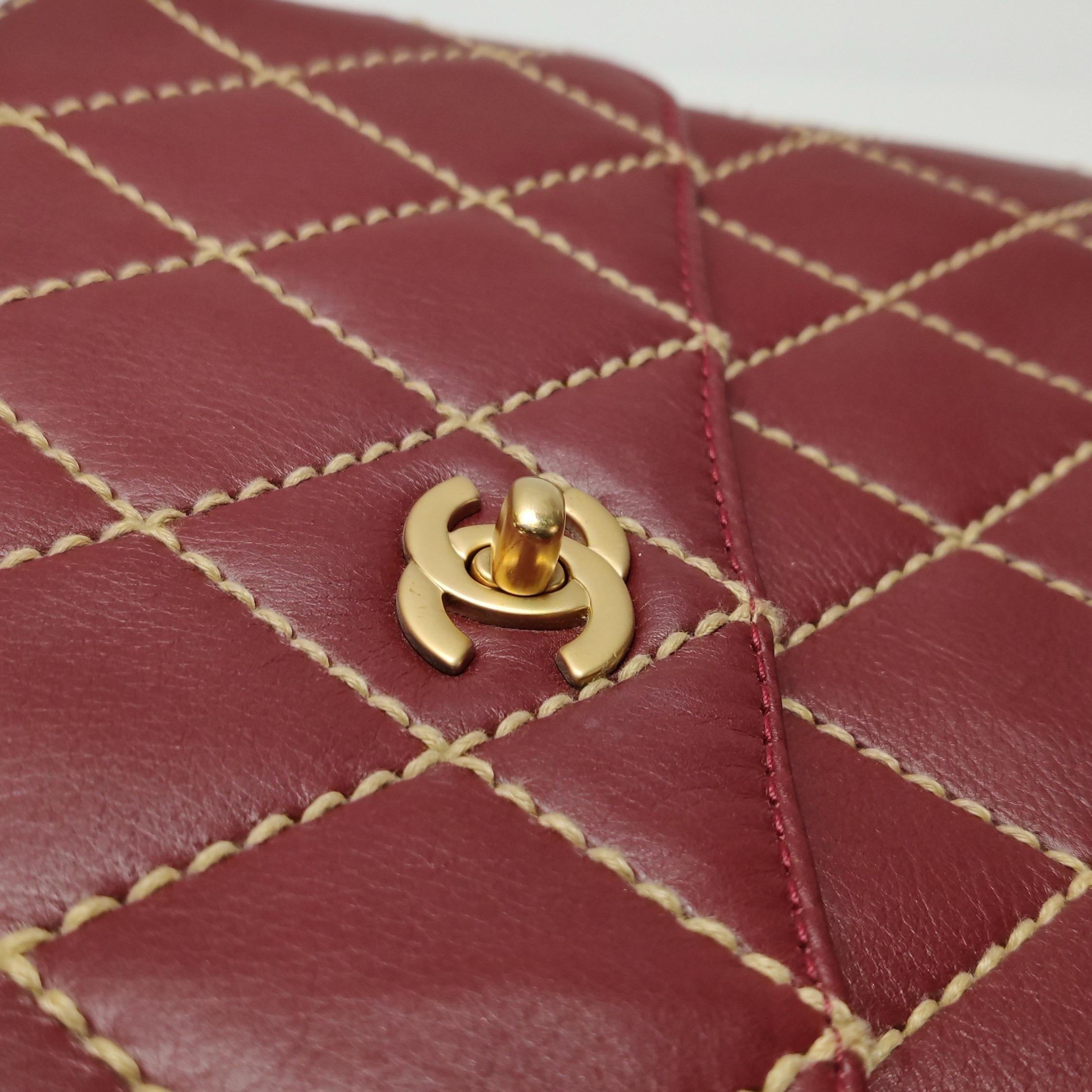 Chanel Vintage Top Handle Kelly Wild Stitch Burgundy Calfskin Leather Gold HW For Sale 6