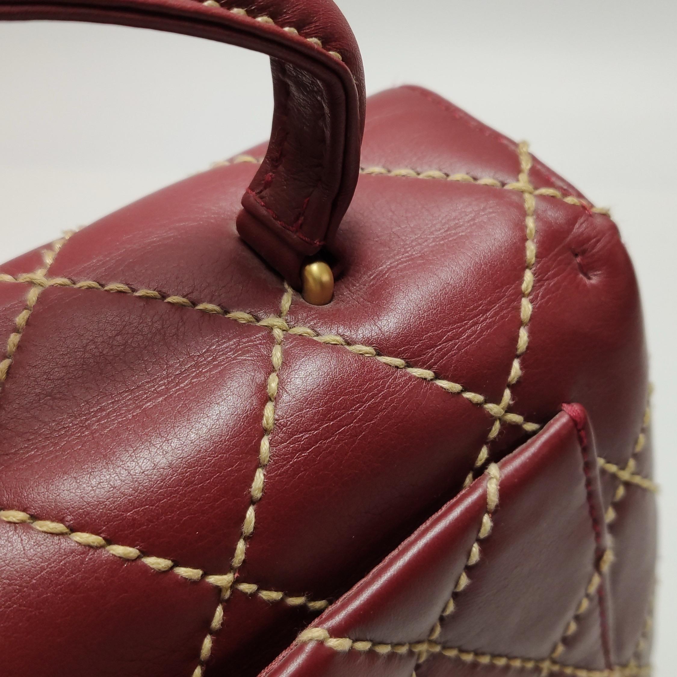 Chanel Vintage Top Handle Kelly Wild Stitch Burgundy Calfskin Leather Gold HW For Sale 9