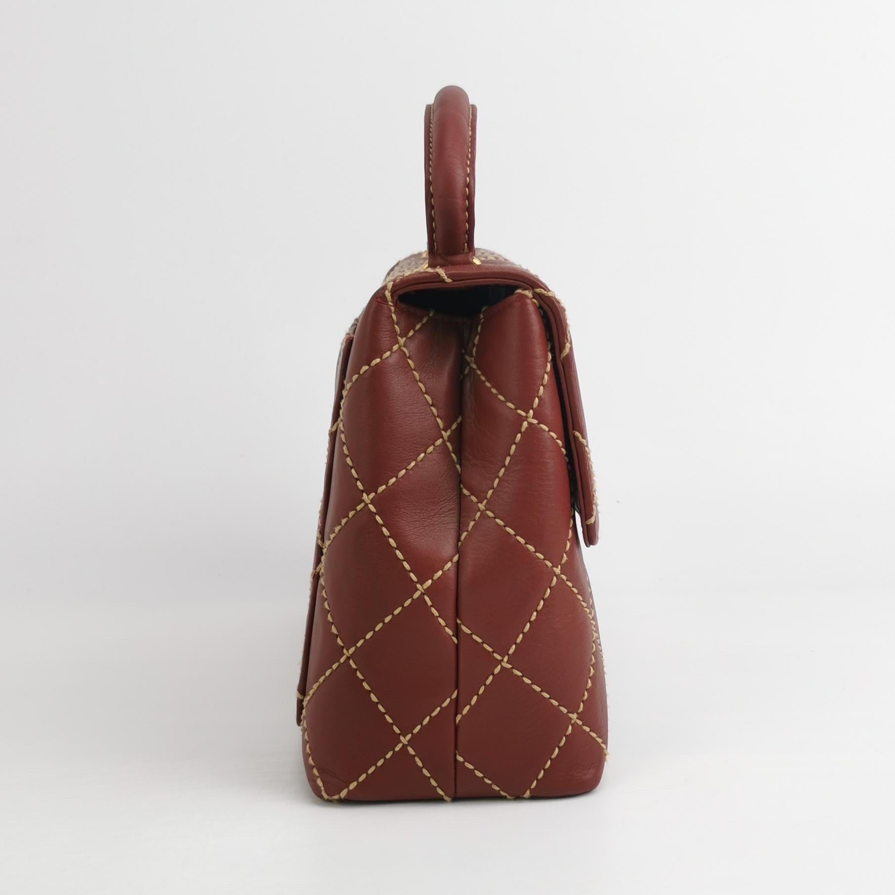 Brown Chanel Vintage Top Handle Kelly Wild Stitch Burgundy Calfskin Leather Gold HW For Sale