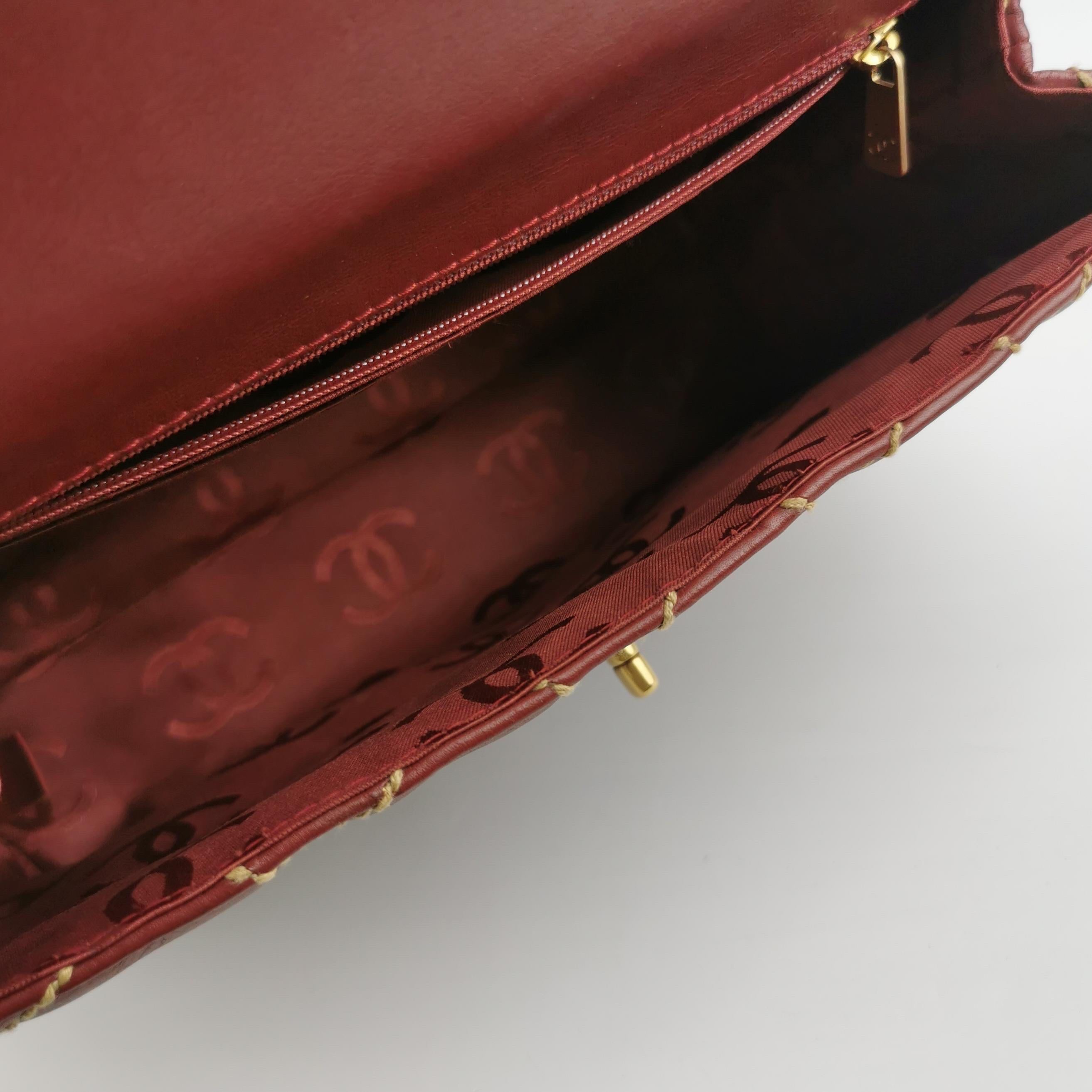 Chanel Vintage Top Handle Kelly Wild Stitch Burgundy Calfskin Leather Gold HW For Sale 1