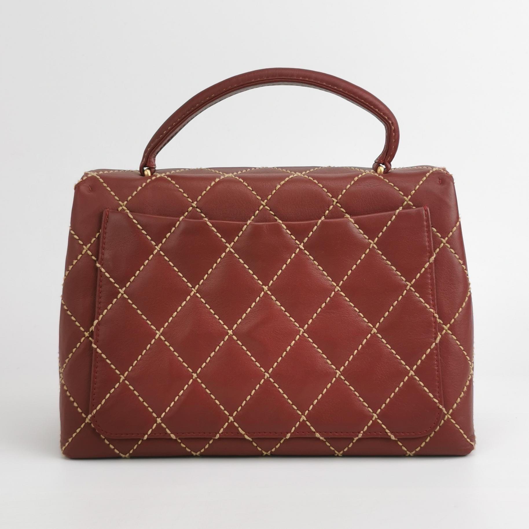 Chanel Vintage Top Handle Kelly Wild Stitch Burgundy Calfskin Leather Gold HW For Sale 2