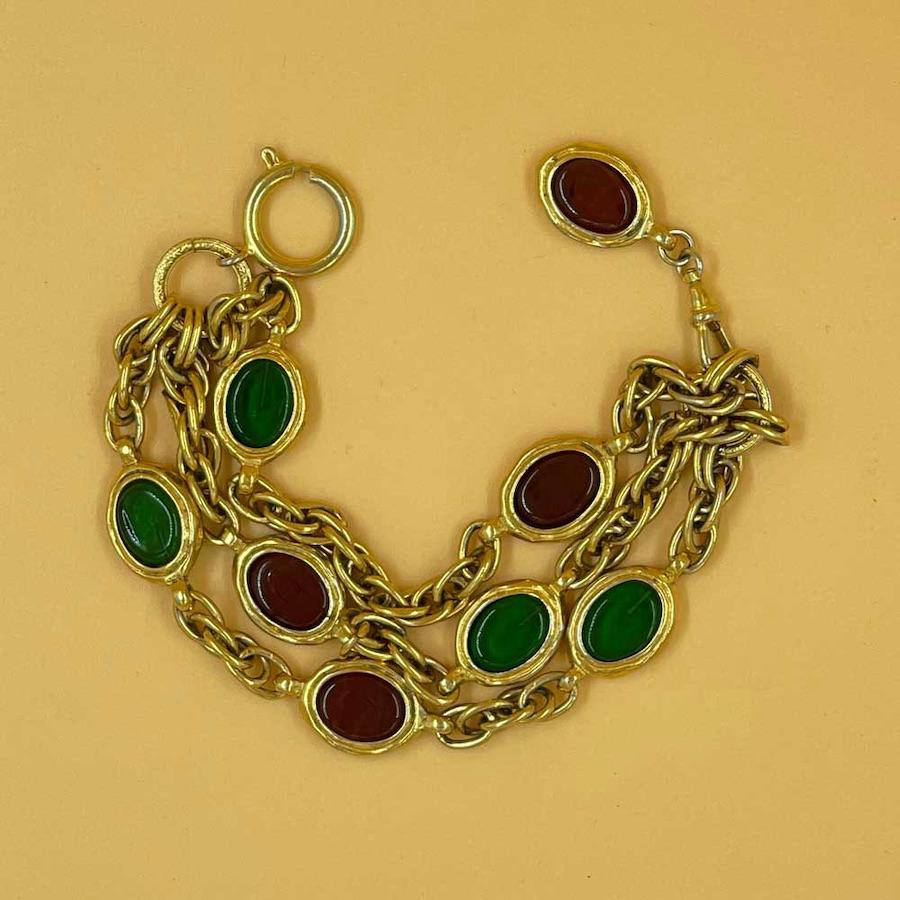 Women's CHANEL Vintage Triple Row Bracelet in Gilt Metal and Colored Molten Glass