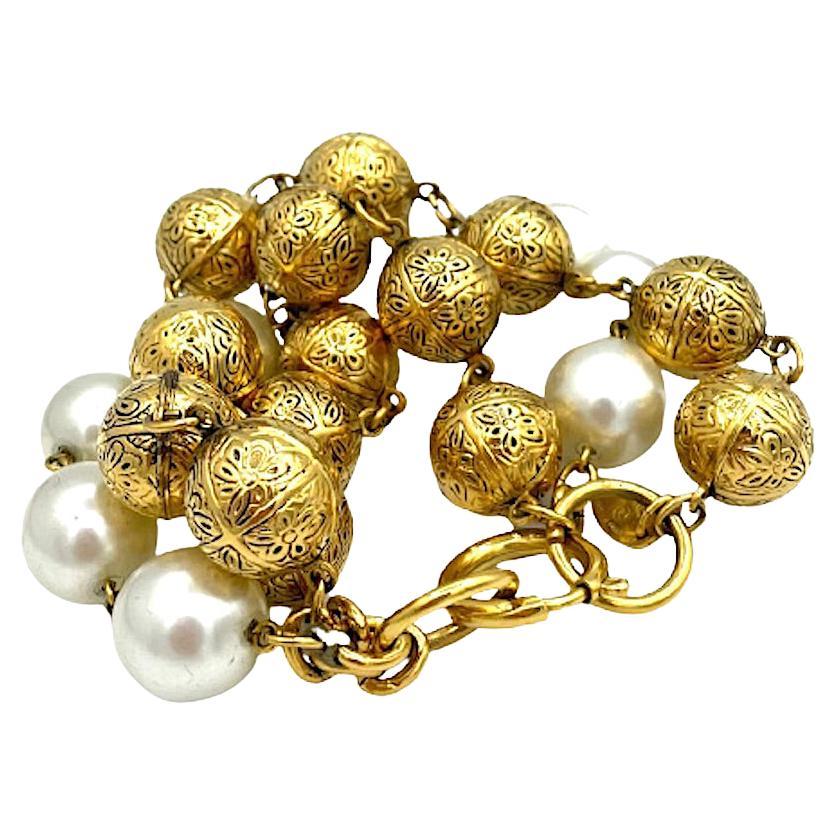 Chanel Pearl Gilt Vintage Triple Row Bracelet Metal Pearls