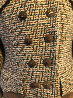 CHANEL Vintage Tweed Suede Jacket Double-Breasted Multi CC Logo Circa 1990s