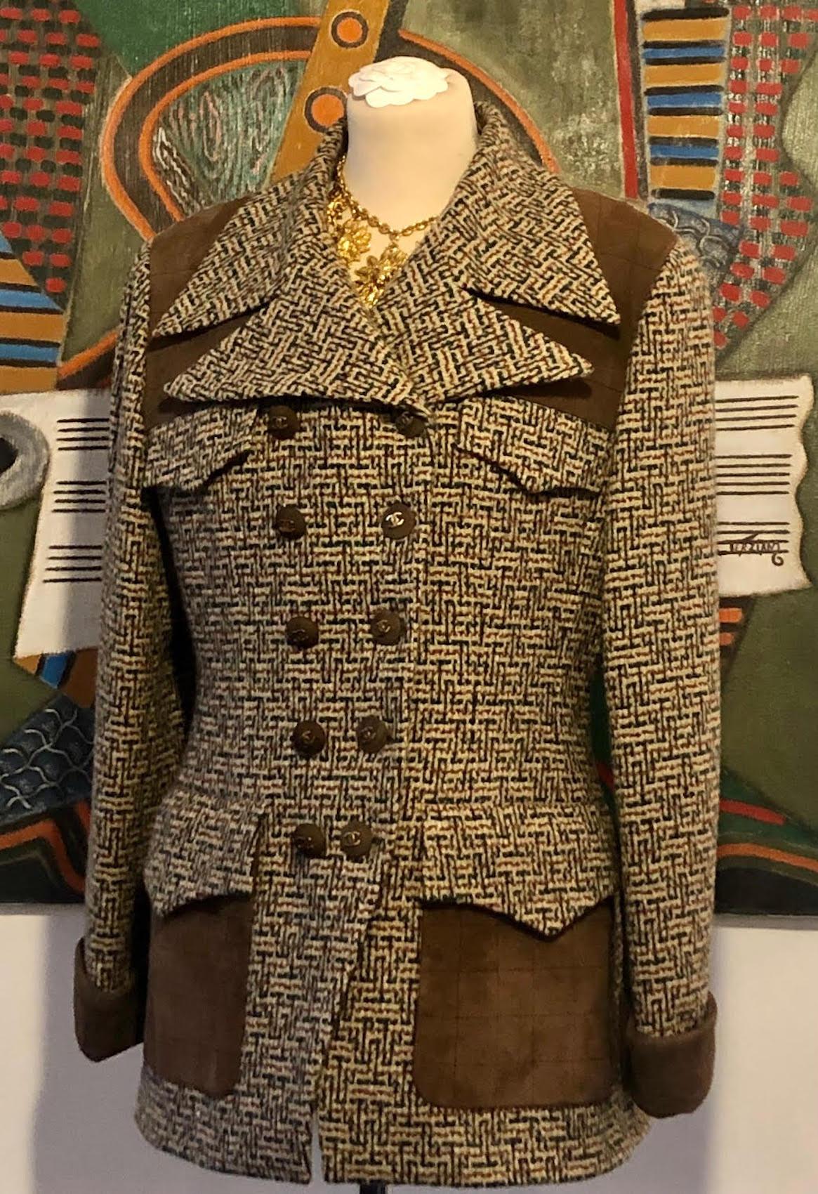 CHANEL Vintage Tweed Suede Jacket Double-Breasted Multi CC Logo Circa 1990s In Good Condition In London, GB