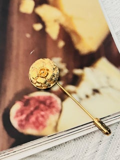 Chanel Vintage Unisex Vivid Camellia Blossom Flower Round Gold Long Pin Brooch