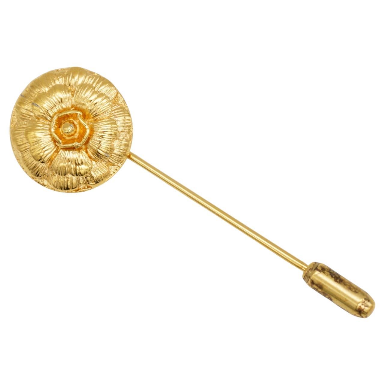 Chanel Vintage Unisex Vivid Camellia Blossom Flower Round Gold Long Pin Brooch