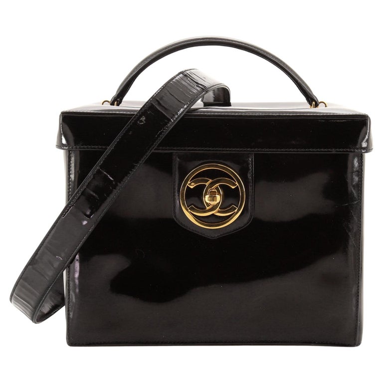 Chanel Black Patent Leather Vintage CC Vanity Case Top Handle Bag