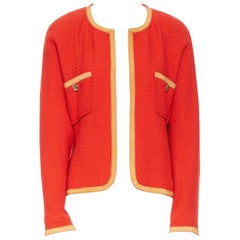 CHANEL Vintage vermillion red wool tweed orange trim dolman sleeve jewel jacket