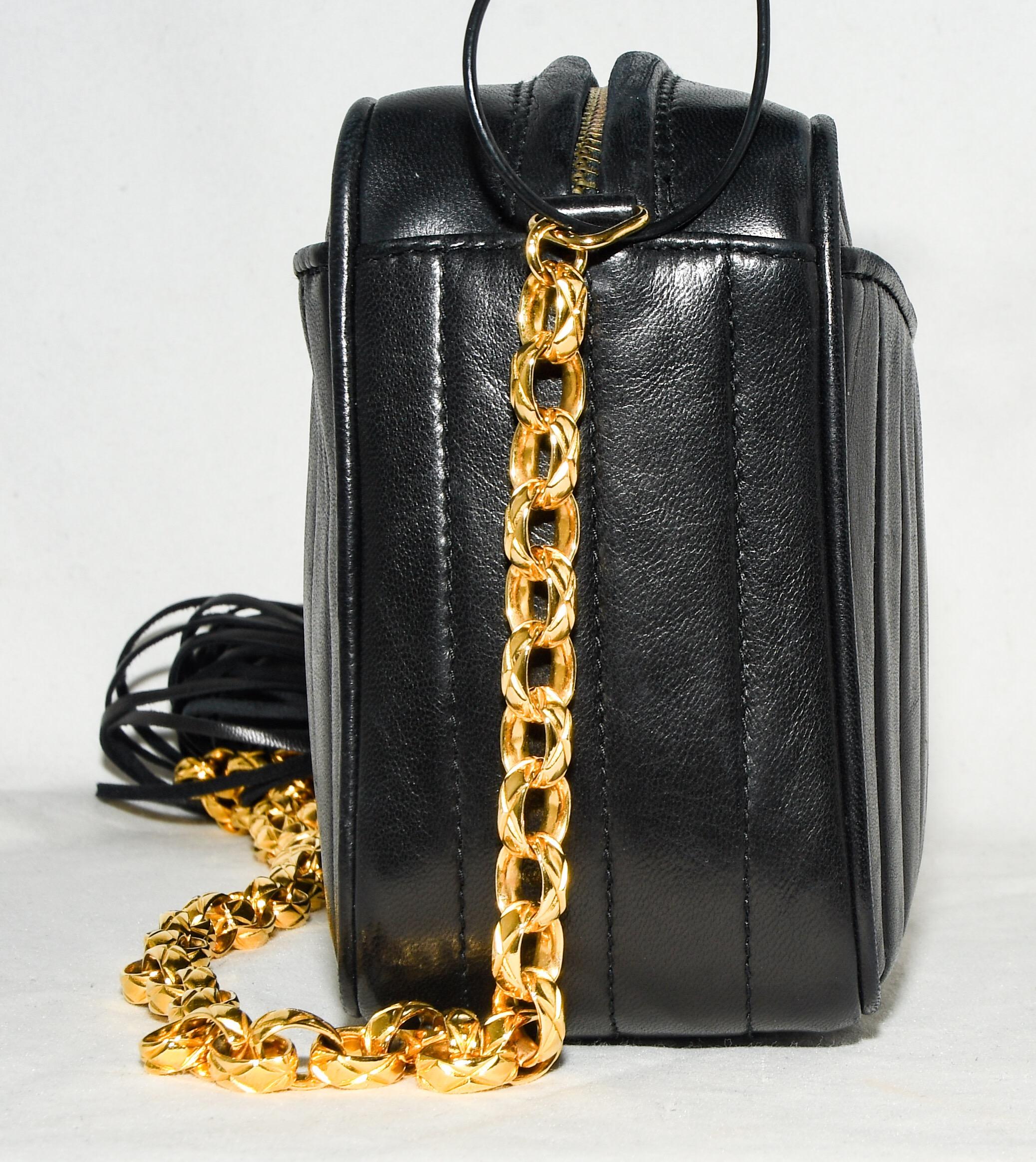 Black Chanel Vintage Vertical Quilt Camera Bag With Gold Chain