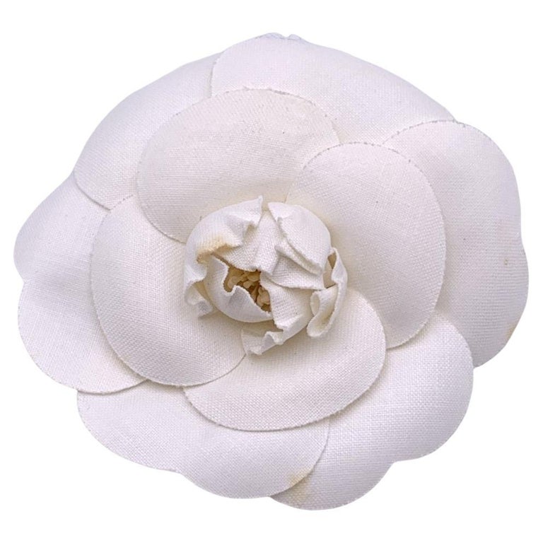 Chanel Vintage White Canvas Camelia Flower Camellia Brooch Pin
