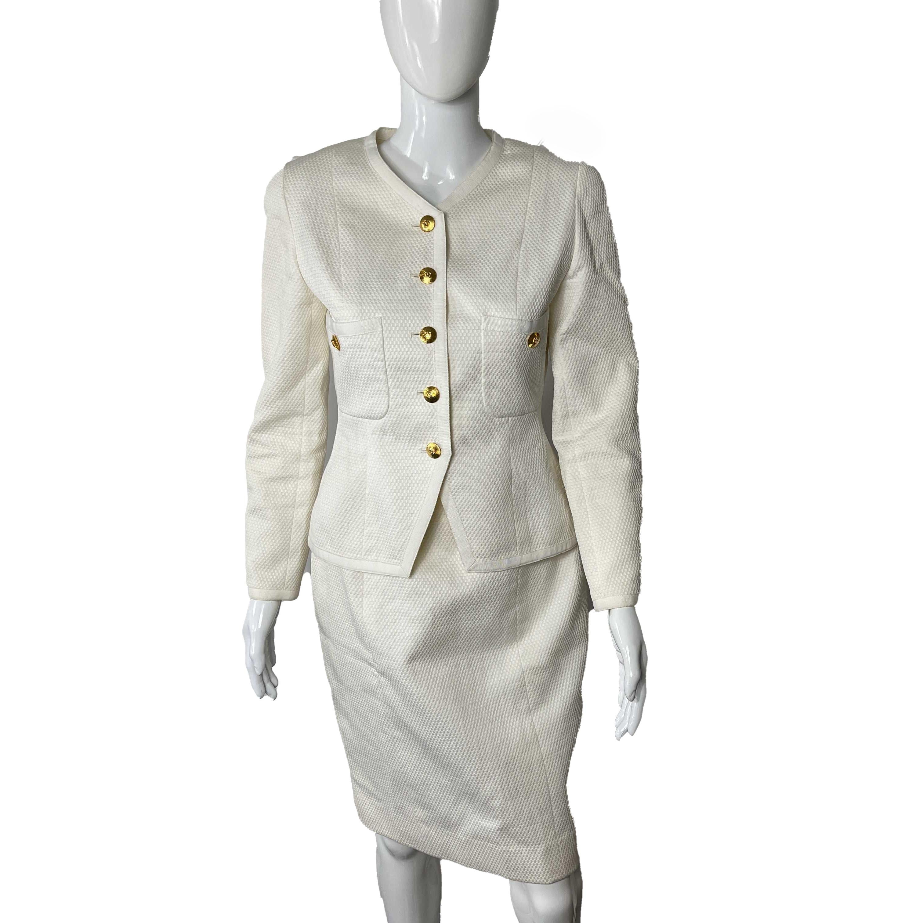 Women's CHANEL- Vintage White CC Suit Jacket and Skirt Set Size 38 US 6 80s 90s